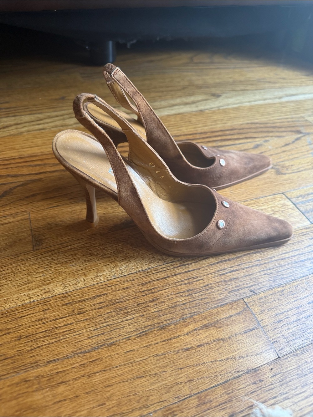 bebe Brown Suede Slingback Pointed Toe Heels with Stud Accents